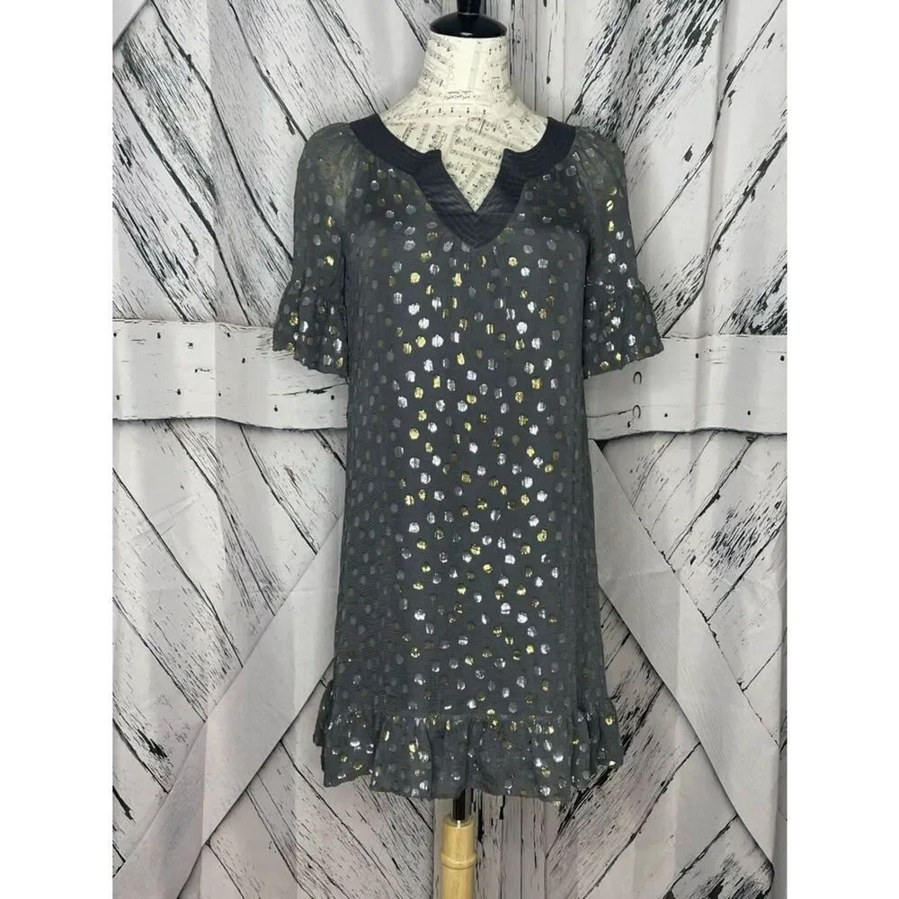 Rebecca Taylor Silk Dress Gray With Gold And Silver Metallic Polka Dots Sz. 2